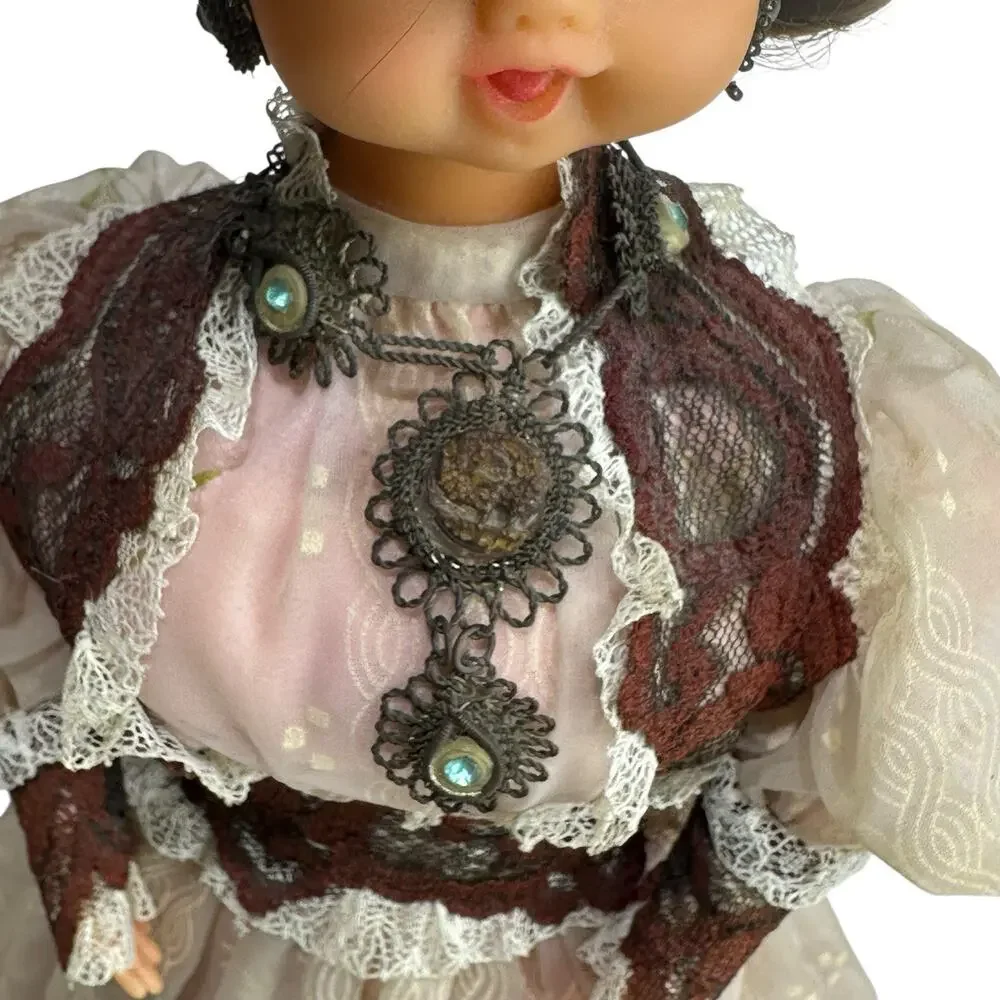 Vintage Victorian Style Souvenir Doll Lace Dress Metal Hoop Skirt 16”